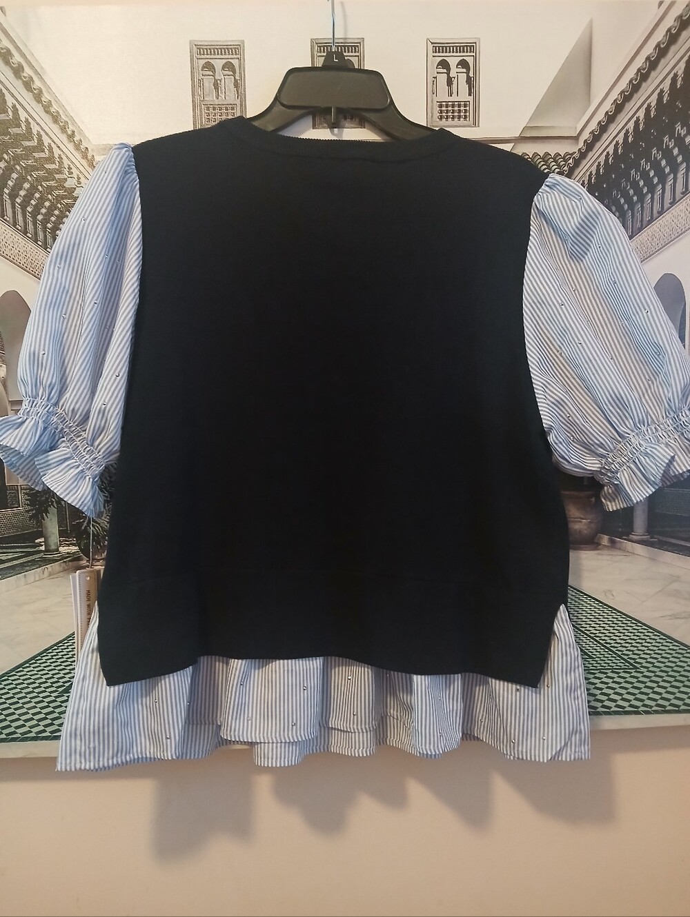 Nannette Navy Ribbed Knit Top with Blue-White Striped Sleeve Detail - Picture 2 of 12